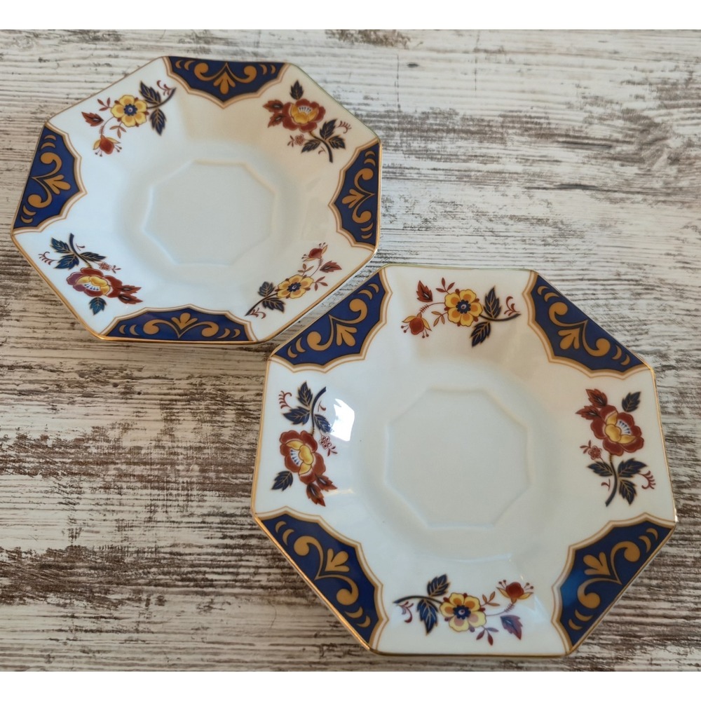 Mikasa Far East L6104 Saucers Set of 2 Octagonal Fine China Japan Cobalt Gold